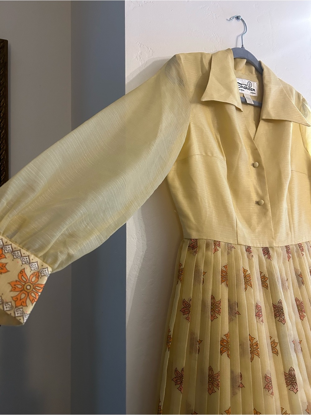 Vintage Shaheen Yellow Floral Pleated Long Sleeve Dress